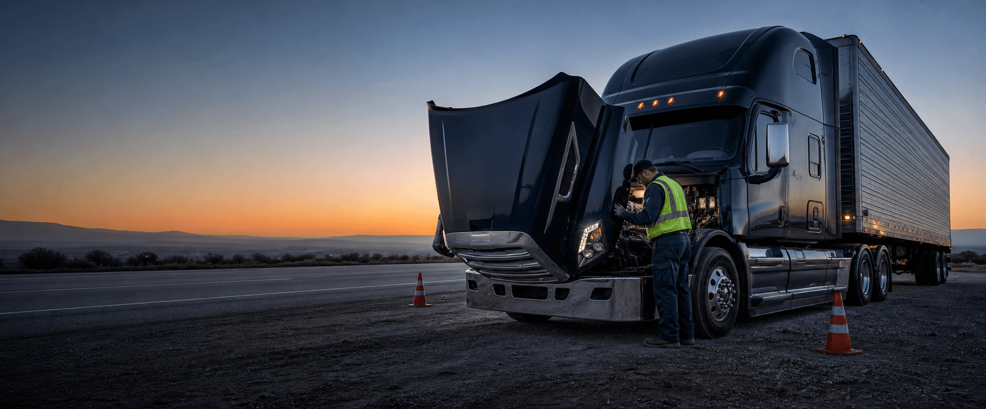 Road service technician safely inspecting a semi truck at dawn