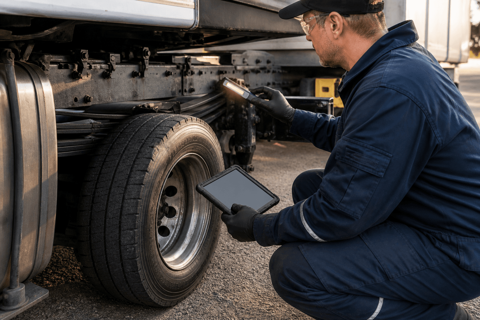 Technician using an inspection light and tablet beside a semi-truck wheel and chassis